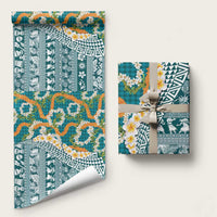Hawaiian Plumeria Lei Wrapping Paper Kakau Motifs and Palaka Half Style Turquoise Color - Polynesian Pride