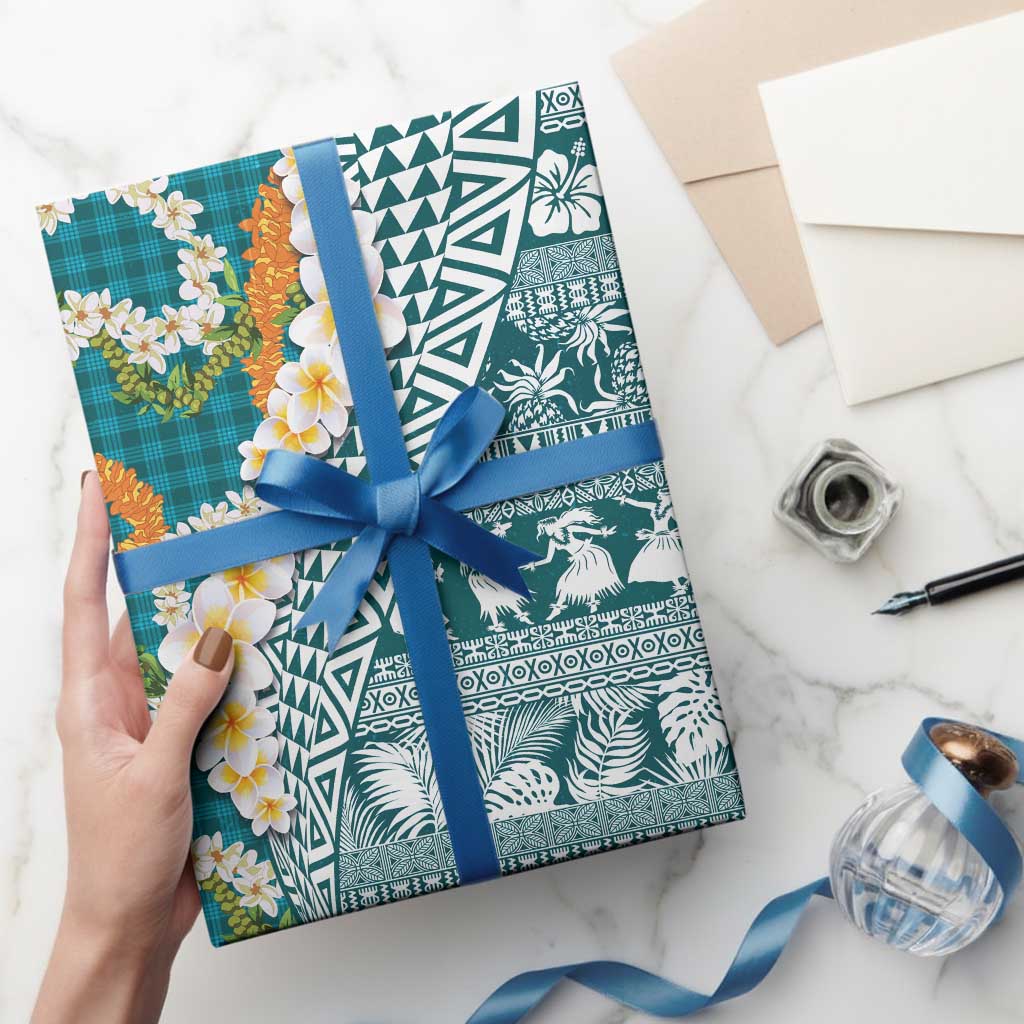 Hawaiian Plumeria Lei Wrapping Paper Kakau Motifs and Palaka Half Style Turquoise Color - Polynesian Pride