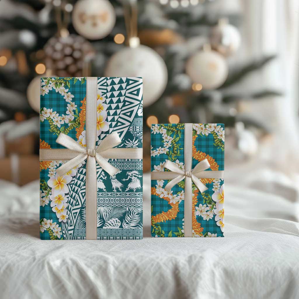 Hawaiian Plumeria Lei Wrapping Paper Kakau Motifs and Palaka Half Style Turquoise Color - Polynesian Pride
