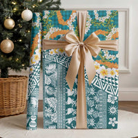 Hawaiian Plumeria Lei Wrapping Paper Kakau Motifs and Palaka Half Style Turquoise Color - Polynesian Pride