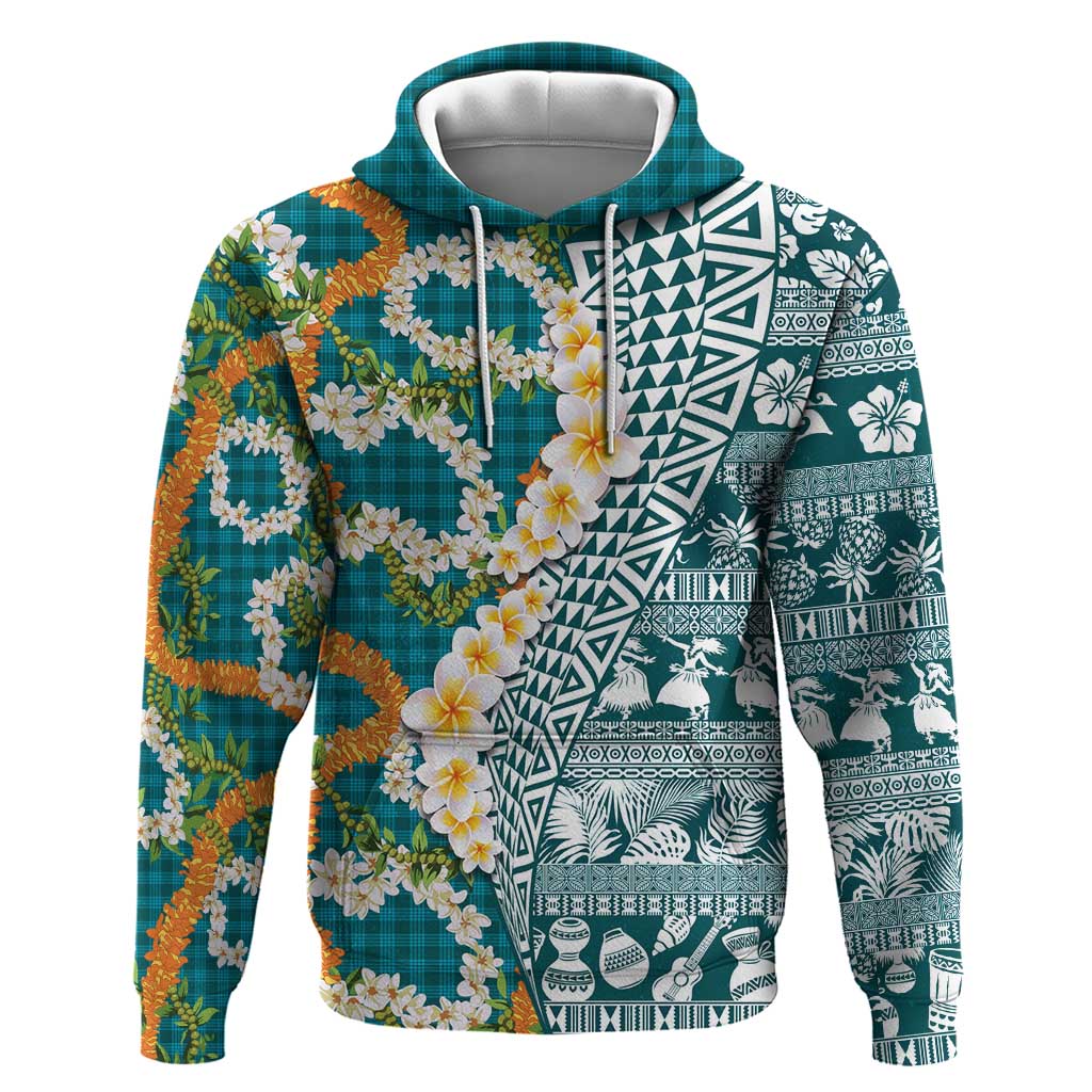 Hawaiian Plumeria Lei Zip Hoodie Kakau Motifs and Palaka Half Style Turquoise Color - Polynesian Pride