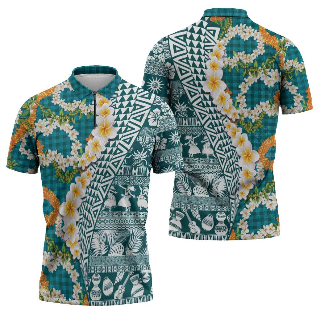 Hawaiian Plumeria Lei Zipper Polo Shirt Kakau Motifs and Palaka Half Style Turquoise Color - Polynesian Pride
