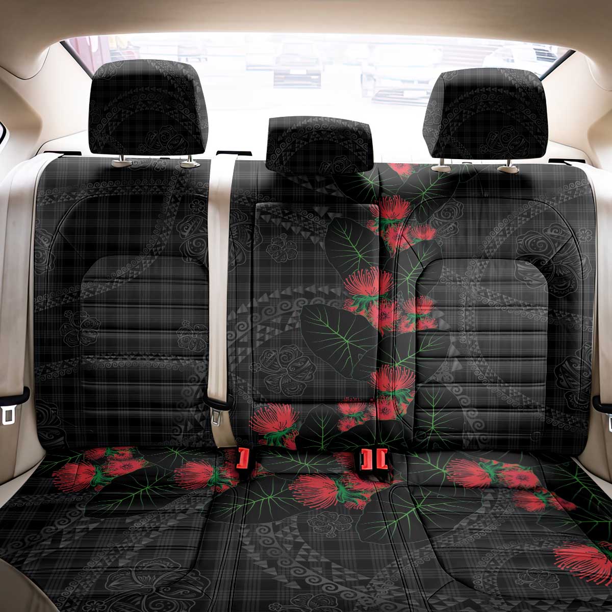 Hawaiian Kakau Art Back Car Seat Cover Taro Leaves with Ohia Lehua and Pakala Pattern - Polynesian Pride