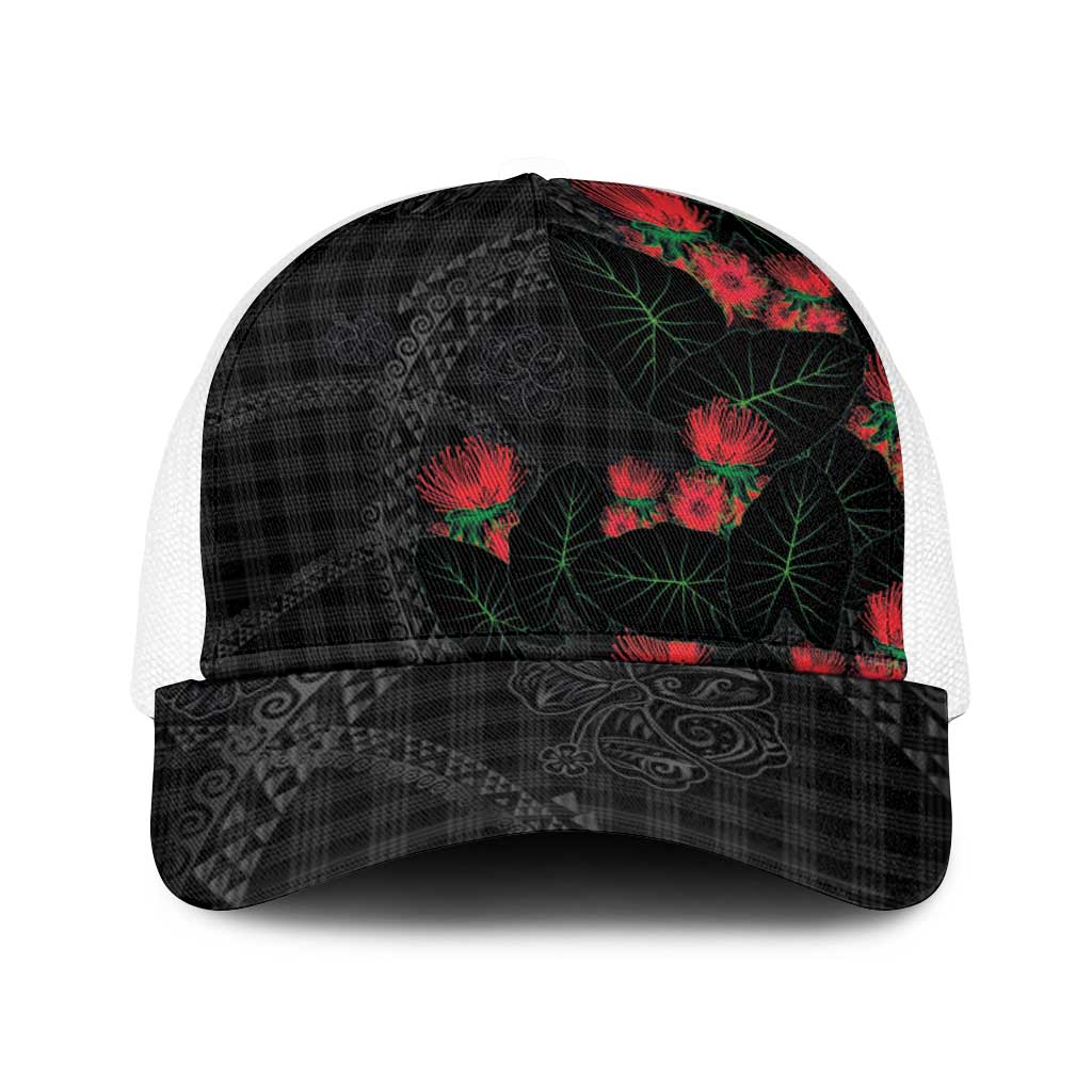 Hawaiian Kakau Art Baseball Net Cap Taro Leaves with Ohia Lehua and Pakala Pattern - Polynesian Pride