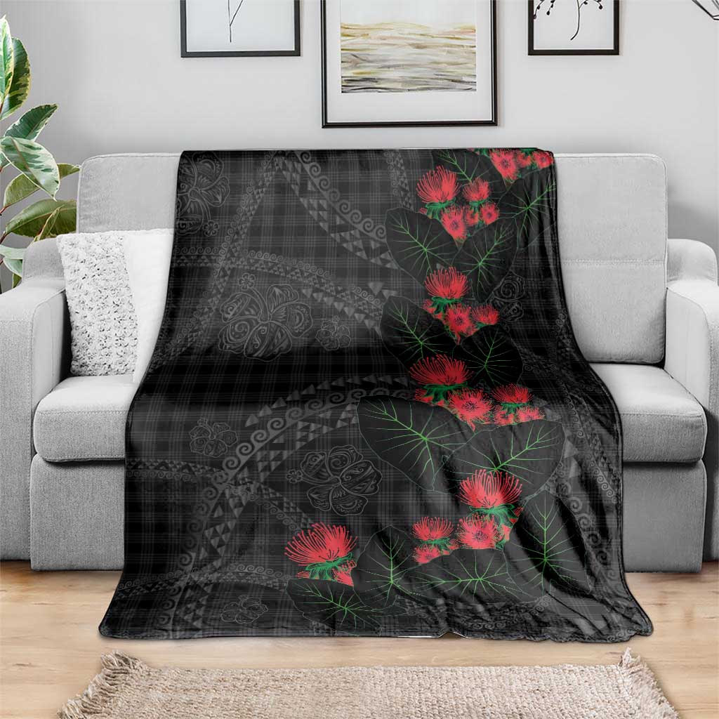 Hawaiian Kakau Art Blanket Taro Leaves with Ohia Lehua and Pakala Pattern - Polynesian Pride