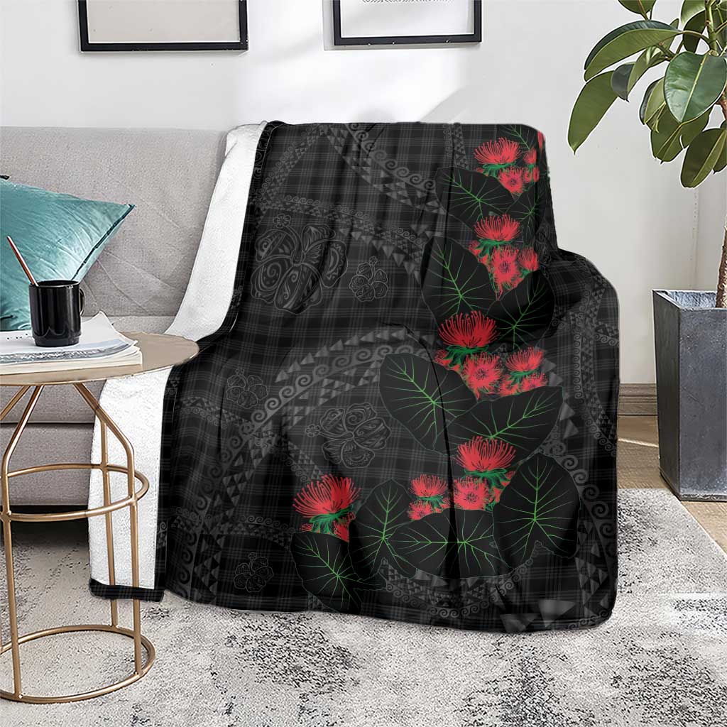Hawaiian Kakau Art Blanket Taro Leaves with Ohia Lehua and Pakala Pattern - Polynesian Pride