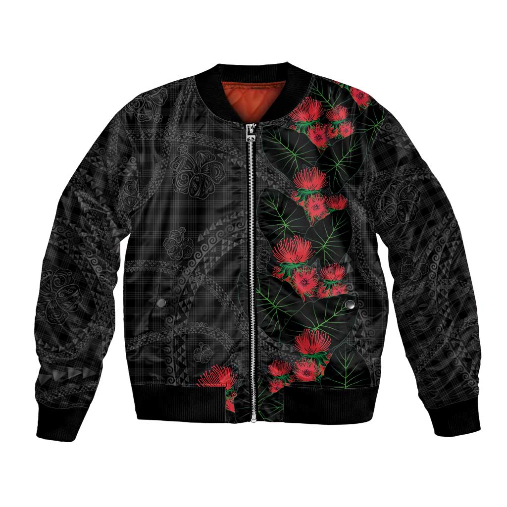 Hawaiian Kakau Art Bomber Jacket Taro Leaves with Ohia Lehua and Pakala Pattern - Polynesian Pride