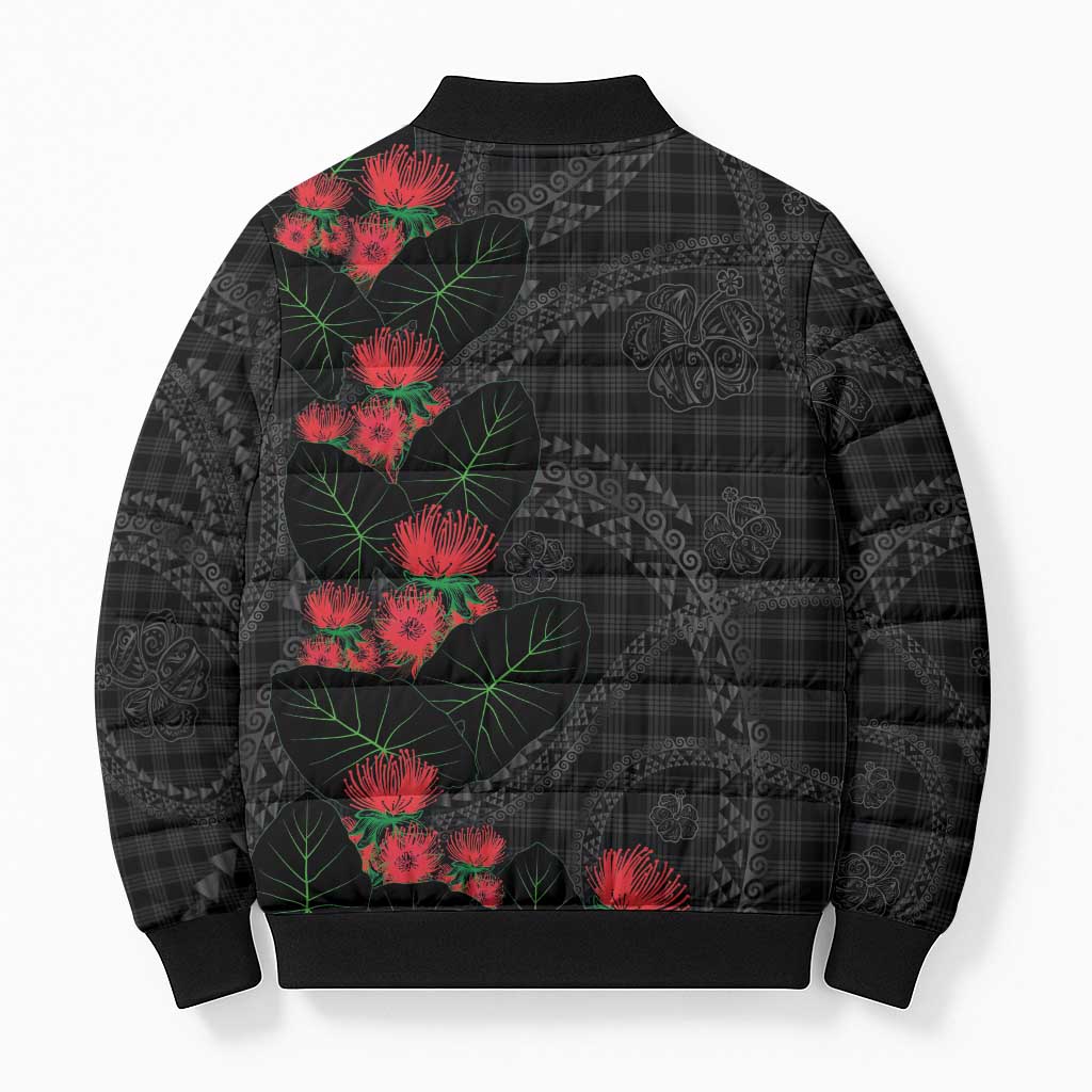 Hawaiian Kakau Art Bomber Puffer Jacket Taro Leaves with Ohia Lehua and Pakala Pattern - Polynesian Pride