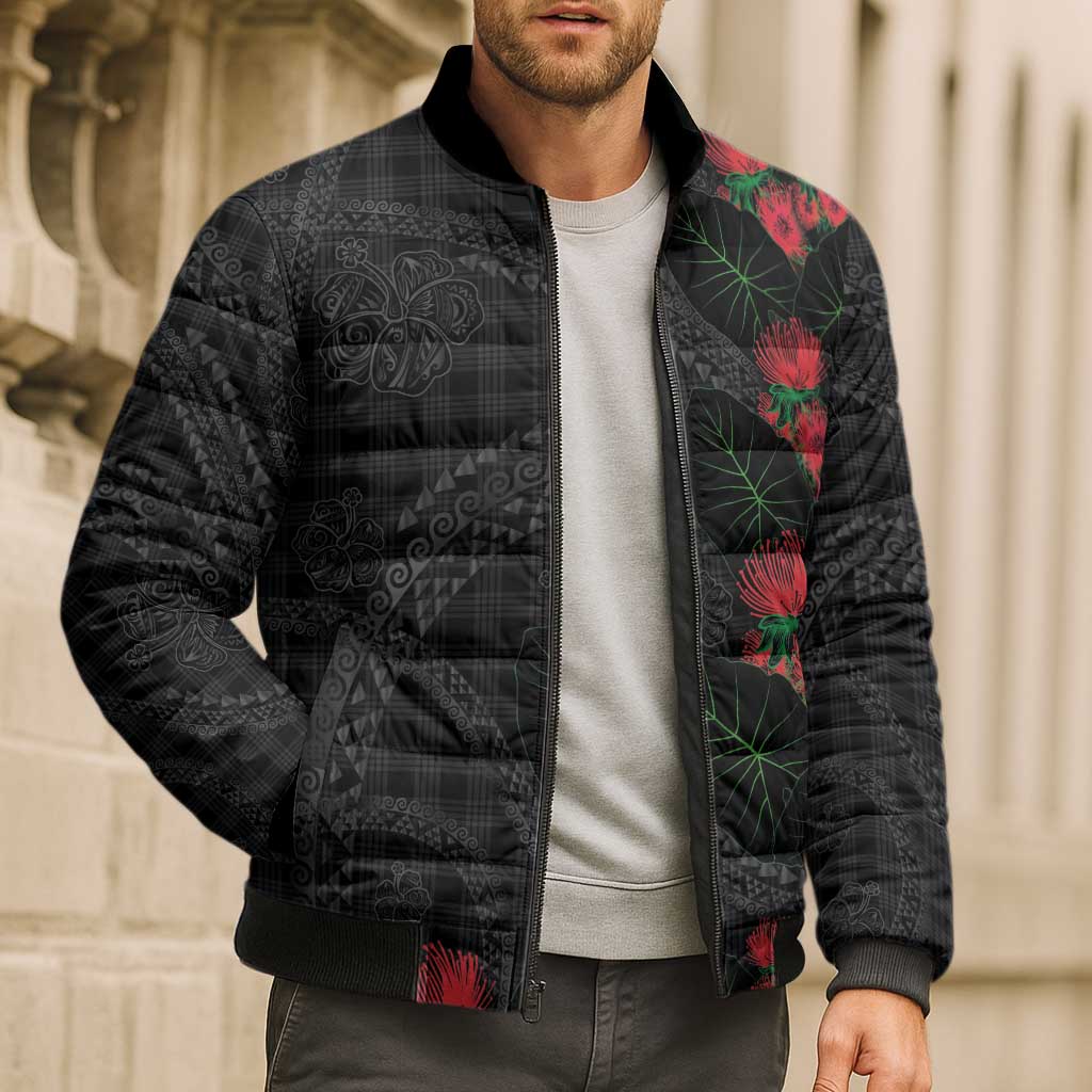 Hawaiian Kakau Art Bomber Puffer Jacket Taro Leaves with Ohia Lehua and Pakala Pattern - Polynesian Pride