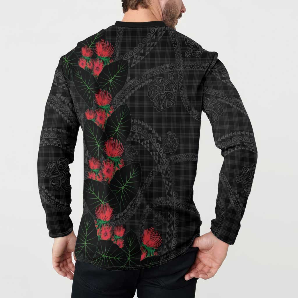 Hawaiian Kakau Art Button Sweatshirt Taro Leaves with Ohia Lehua and Pakala Pattern - Polynesian Pride