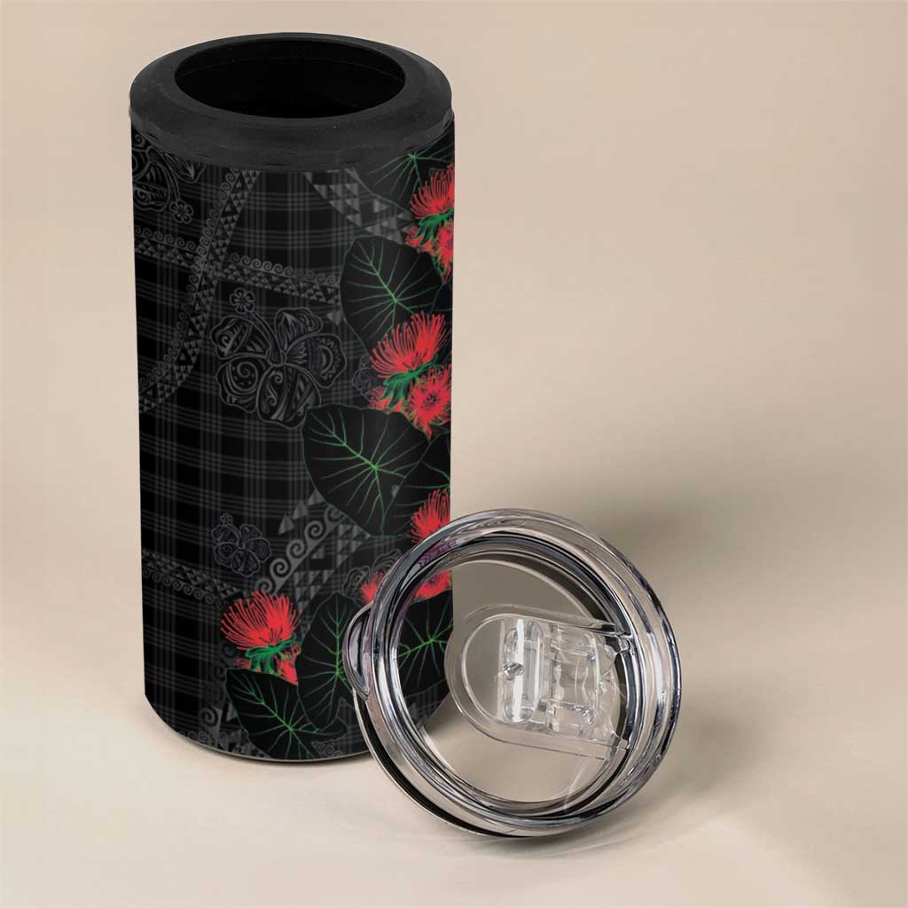 Hawaiian Kakau Art 4 in 1 Can Cooler Tumbler Taro Leaves with Ohia Lehua and Pakala Pattern - Polynesian Pride