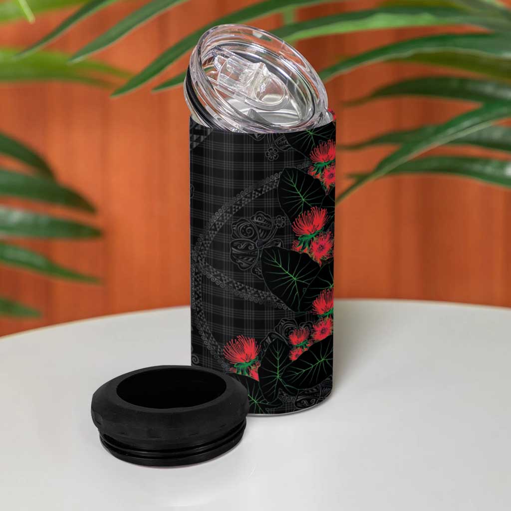 Hawaiian Kakau Art 4 in 1 Can Cooler Tumbler Taro Leaves with Ohia Lehua and Pakala Pattern - Polynesian Pride