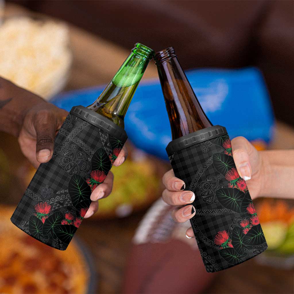 Hawaiian Kakau Art 4 in 1 Can Cooler Tumbler Taro Leaves with Ohia Lehua and Pakala Pattern - Polynesian Pride