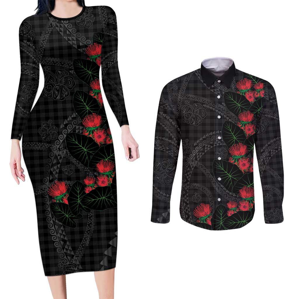 Hawaiian Kakau Art Couples Matching Long Sleeve Bodycon Dress and Long Sleeve Button Shirt Taro Leaves with Ohia Lehua and Pakala Pattern - Polynesian Pride