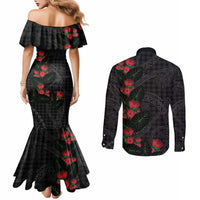 Hawaiian Kakau Art Couples Matching Mermaid Dress and Long Sleeve Button Shirt Taro Leaves with Ohia Lehua and Pakala Pattern - Polynesian Pride