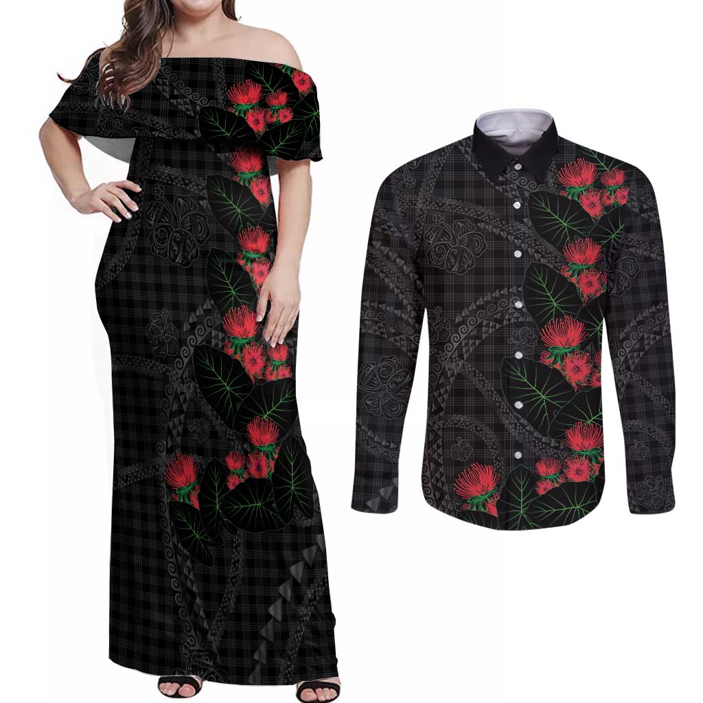 Hawaiian Kakau Art Couples Matching Off Shoulder Maxi Dress and Long Sleeve Button Shirt Taro Leaves with Ohia Lehua and Pakala Pattern - Polynesian Pride