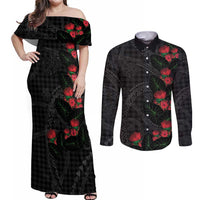 Hawaiian Kakau Art Couples Matching Off Shoulder Maxi Dress and Long Sleeve Button Shirt Taro Leaves with Ohia Lehua and Pakala Pattern - Polynesian Pride