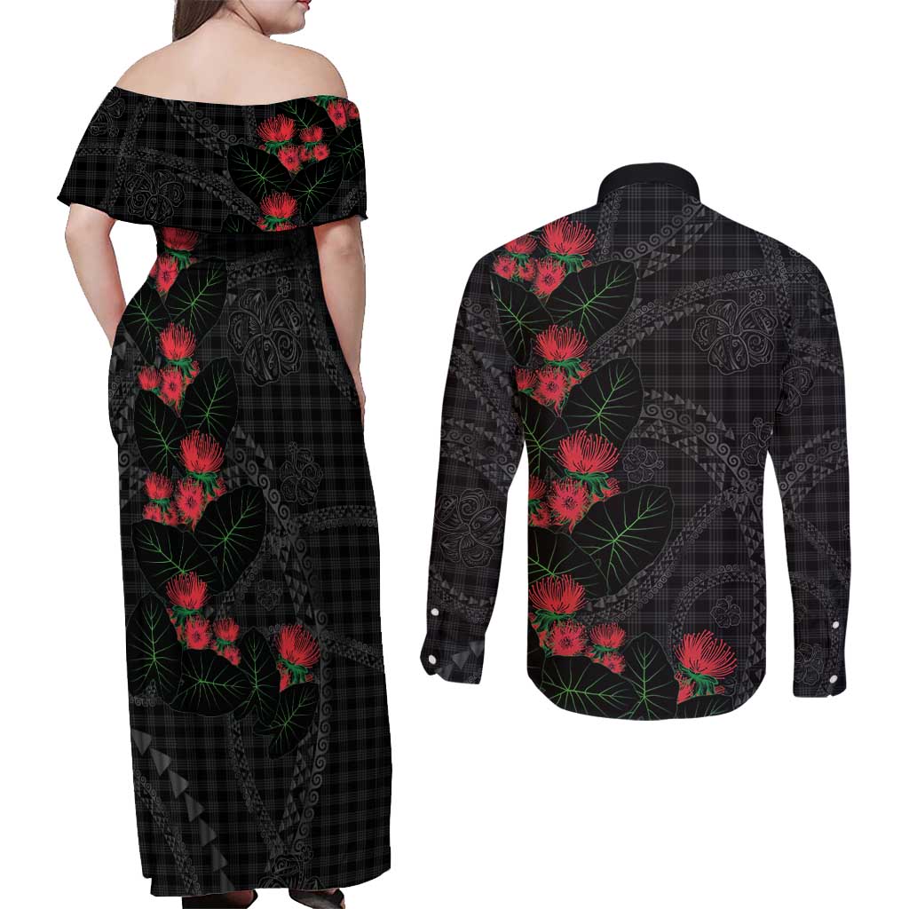 Hawaiian Kakau Art Couples Matching Off Shoulder Maxi Dress and Long Sleeve Button Shirt Taro Leaves with Ohia Lehua and Pakala Pattern - Polynesian Pride