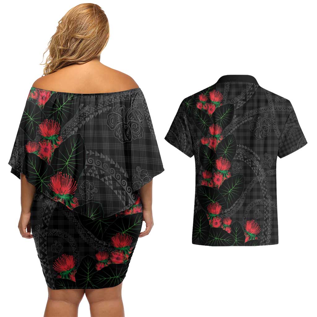 Hawaiian Kakau Art Couples Matching Off Shoulder Short Dress and Hawaiian Shirt Taro Leaves with Ohia Lehua and Pakala Pattern - Polynesian Pride
