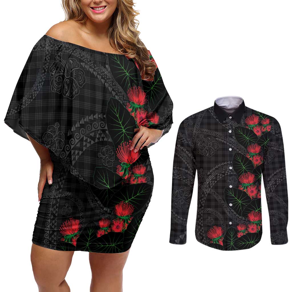 Hawaiian Kakau Art Couples Matching Off Shoulder Short Dress and Long Sleeve Button Shirt Taro Leaves with Ohia Lehua and Pakala Pattern - Polynesian Pride