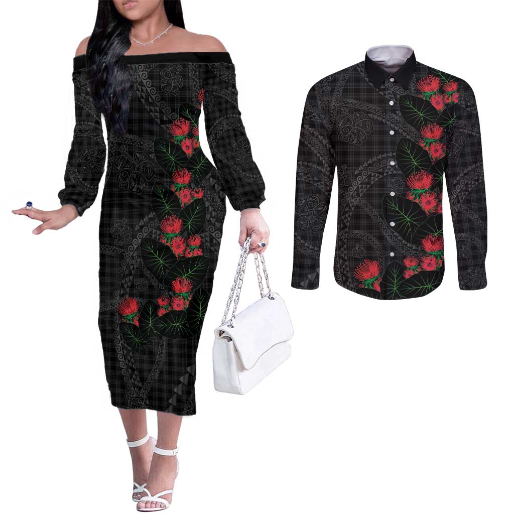Hawaiian Kakau Art Couples Matching Off The Shoulder Long Sleeve Dress and Long Sleeve Button Shirt Taro Leaves with Ohia Lehua and Pakala Pattern - Polynesian Pride