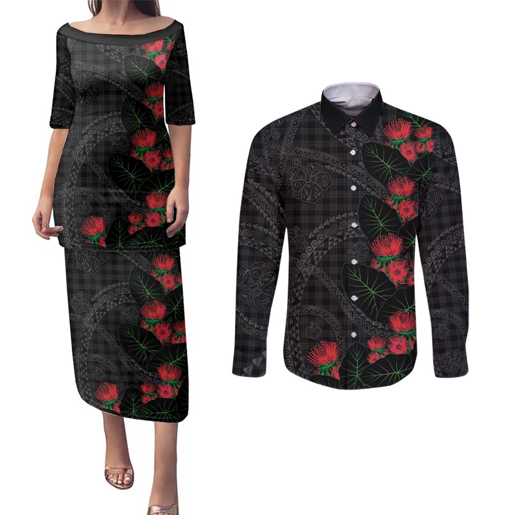 Hawaiian Kakau Art Couples Matching Puletasi and Long Sleeve Button Shirt Taro Leaves with Ohia Lehua and Pakala Pattern - Polynesian Pride