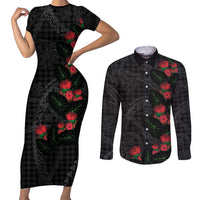 Hawaiian Kakau Art Couples Matching Short Sleeve Bodycon Dress and Long Sleeve Button Shirt Taro Leaves with Ohia Lehua and Pakala Pattern - Polynesian Pride