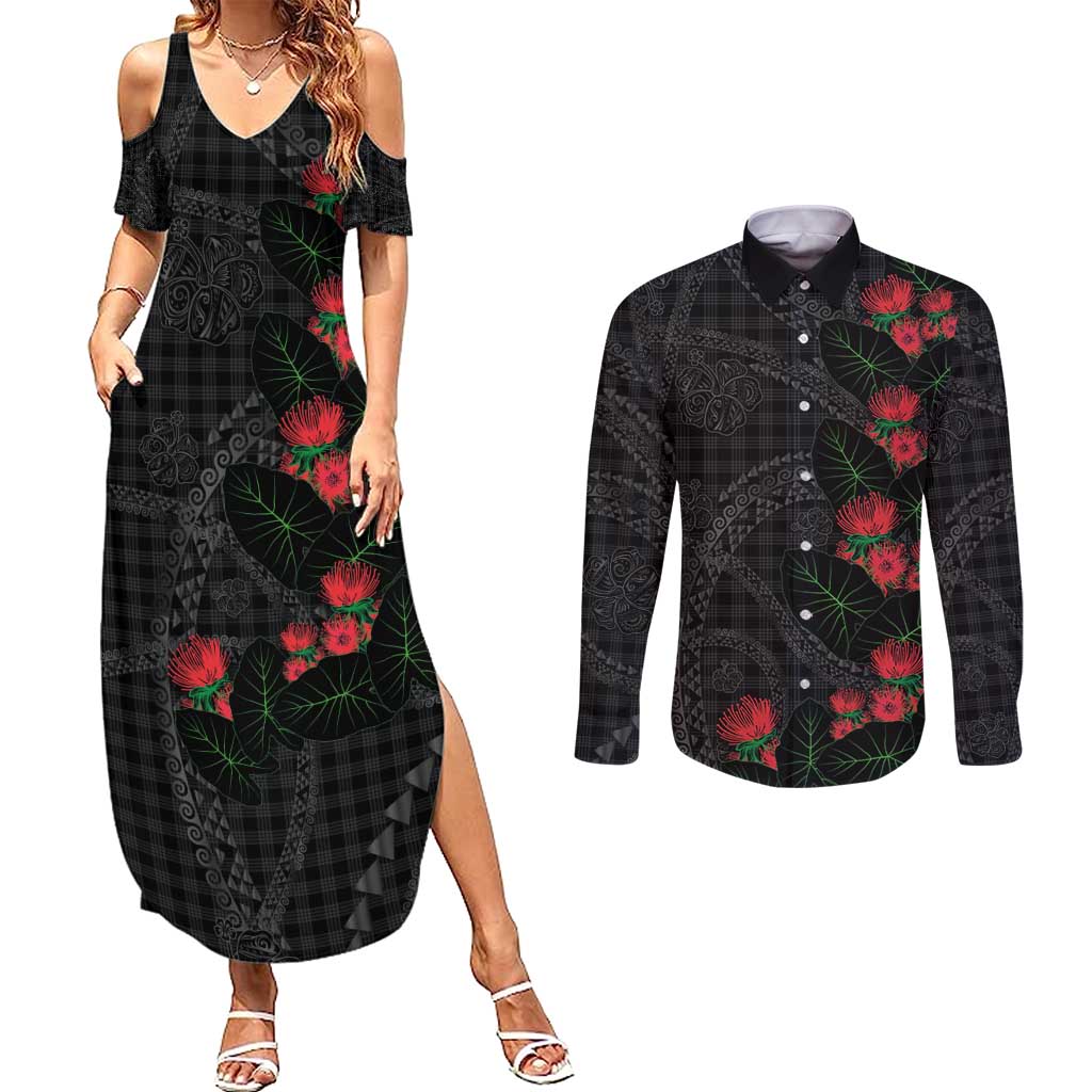 Hawaiian Kakau Art Couples Matching Summer Maxi Dress and Long Sleeve Button Shirt Taro Leaves with Ohia Lehua and Pakala Pattern - Polynesian Pride