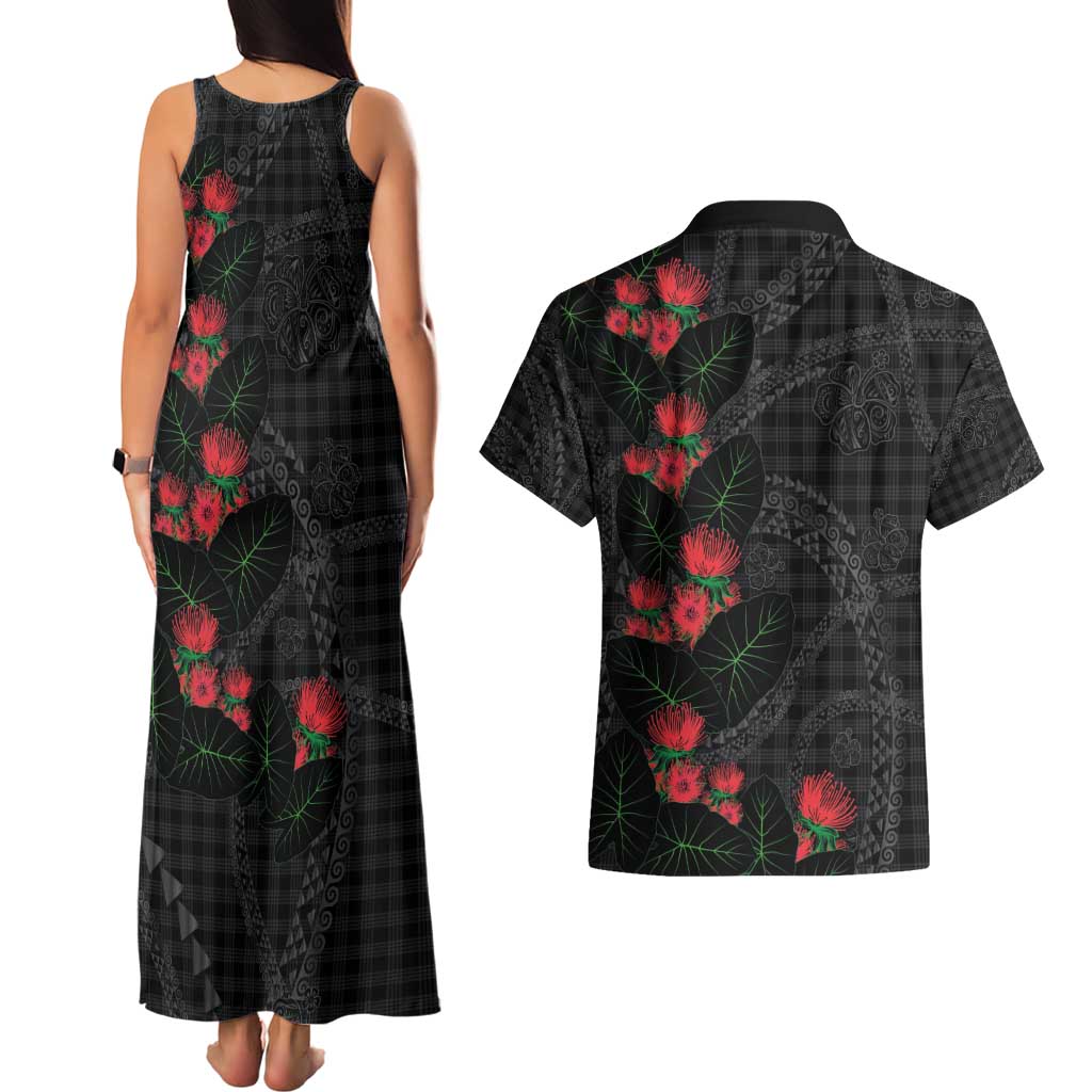 Hawaiian Kakau Art Couples Matching Tank Maxi Dress and Hawaiian Shirt Taro Leaves with Ohia Lehua and Pakala Pattern - Polynesian Pride
