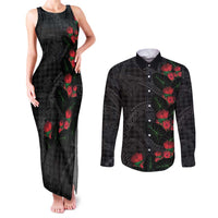 Hawaiian Kakau Art Couples Matching Tank Maxi Dress and Long Sleeve Button Shirt Taro Leaves with Ohia Lehua and Pakala Pattern - Polynesian Pride