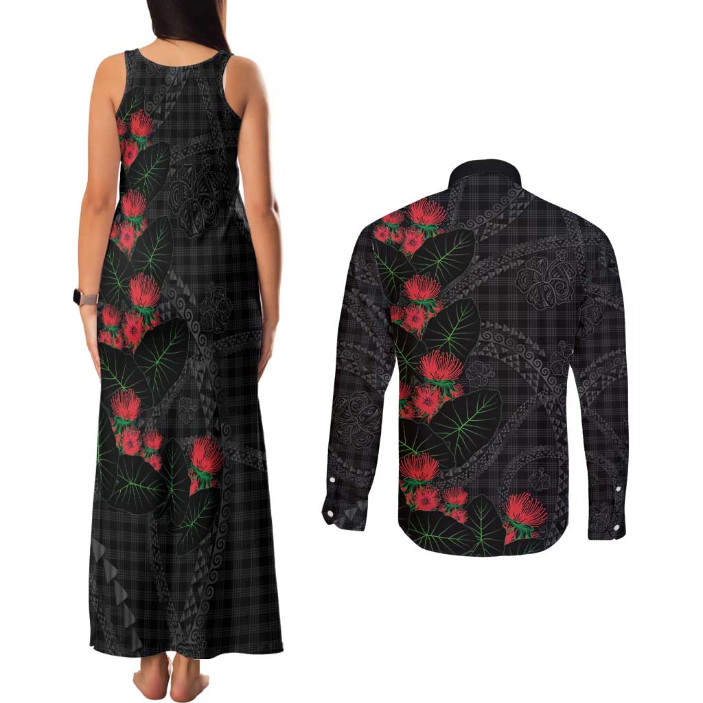 Hawaiian Kakau Art Couples Matching Tank Maxi Dress and Long Sleeve Button Shirt Taro Leaves with Ohia Lehua and Pakala Pattern - Polynesian Pride