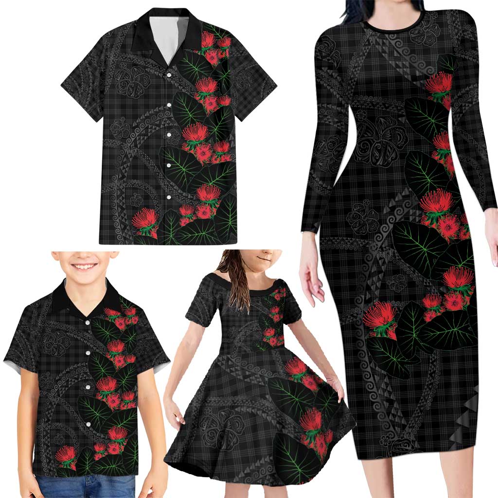 Hawaiian Kakau Art Family Matching Long Sleeve Bodycon Dress and Hawaiian Shirt Taro Leaves with Ohia Lehua and Pakala Pattern - Polynesian Pride