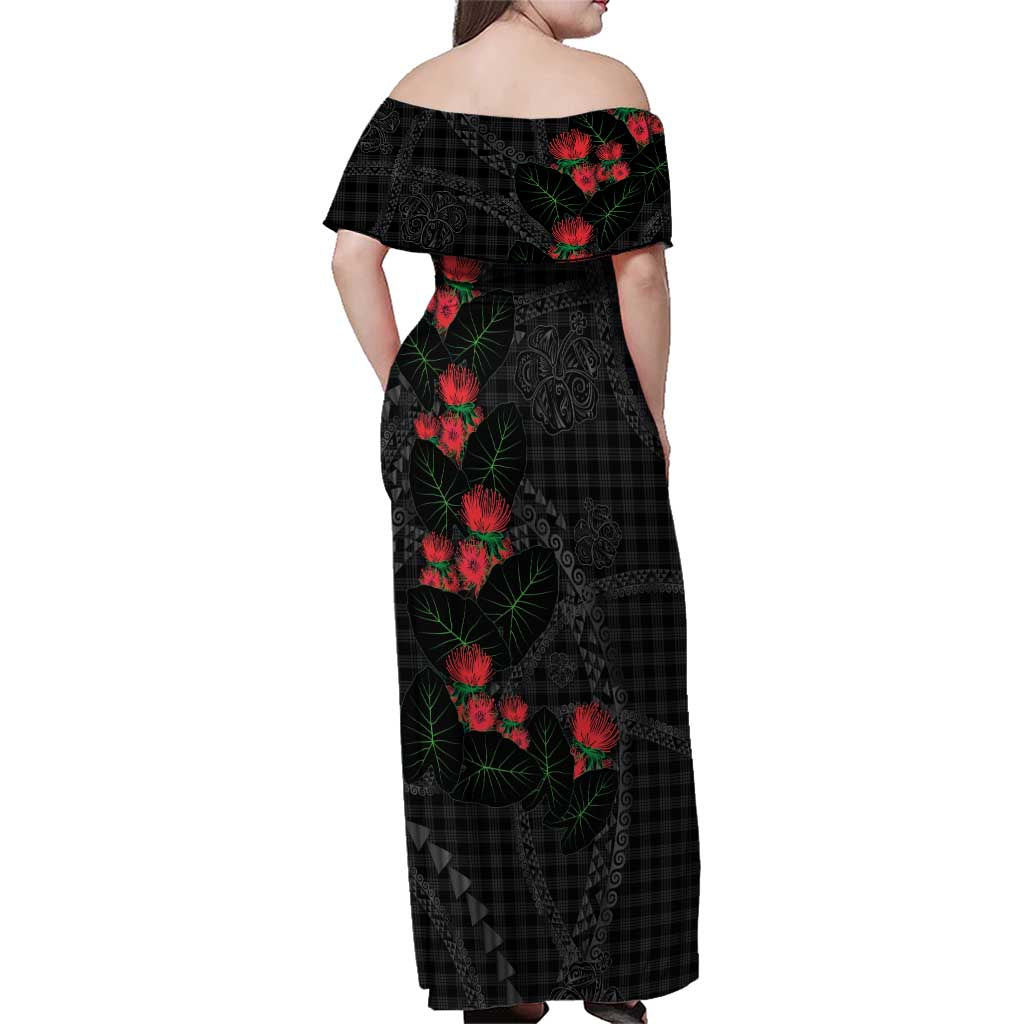Hawaiian Kakau Art Family Matching Off Shoulder Maxi Dress and Hawaiian Shirt Taro Leaves with Ohia Lehua and Pakala Pattern - Polynesian Pride