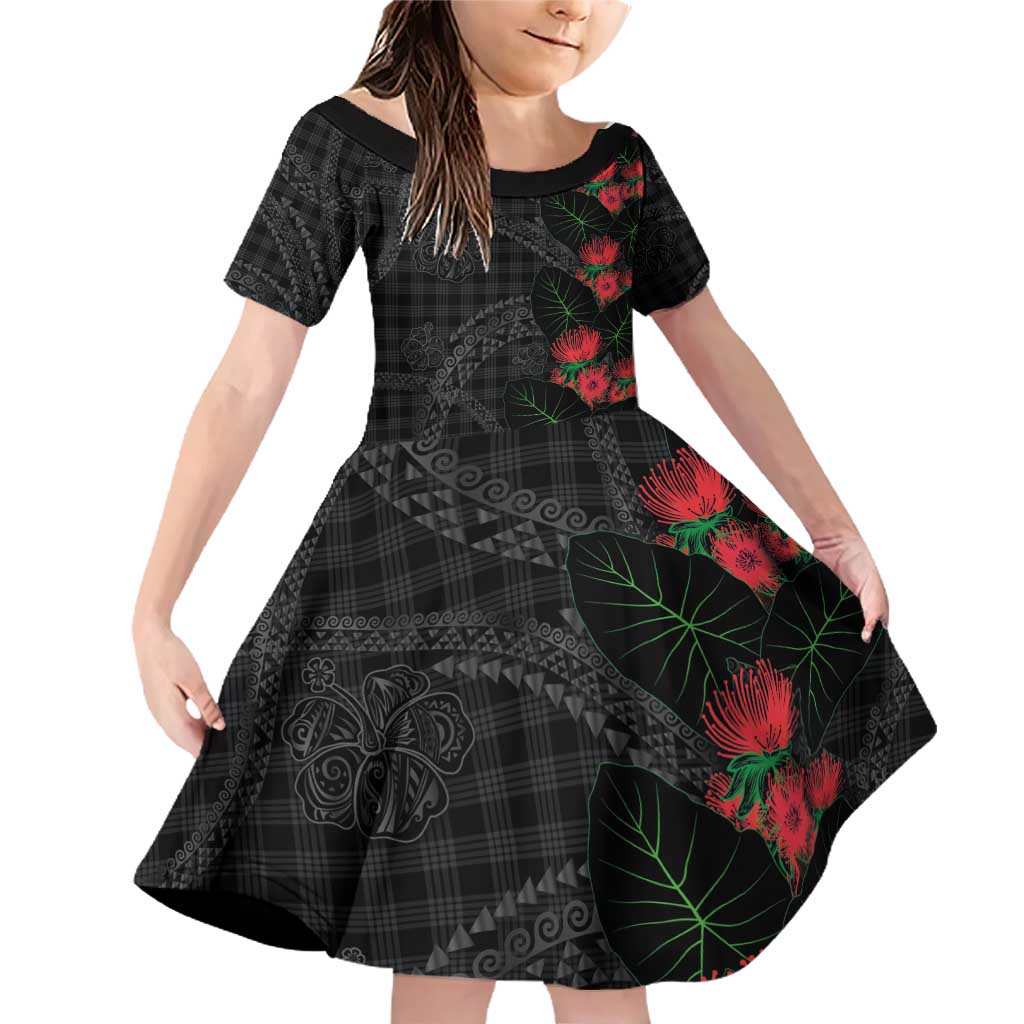 Hawaiian Kakau Art Family Matching Off Shoulder Short Dress and Hawaiian Shirt Taro Leaves with Ohia Lehua and Pakala Pattern - Polynesian Pride