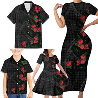 Hawaiian Kakau Art Family Matching Short Sleeve Bodycon Dress and Hawaiian Shirt Taro Leaves with Ohia Lehua and Pakala Pattern - Polynesian Pride