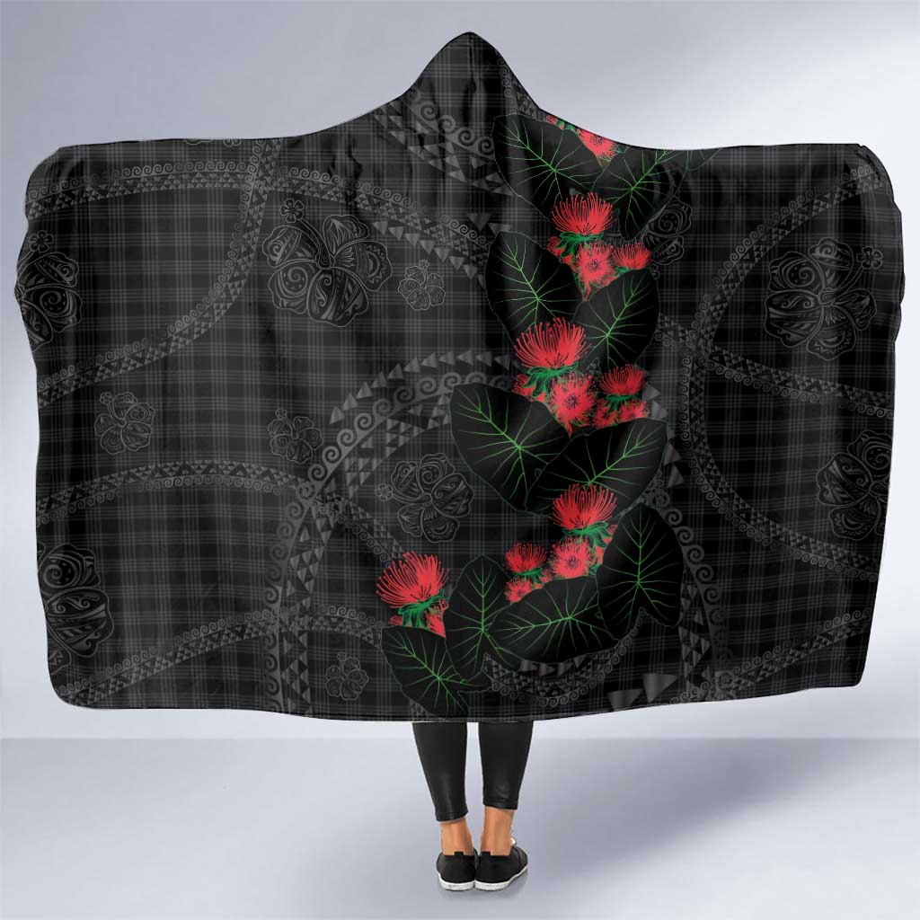 Hawaiian Kakau Art Hooded Blanket Taro Leaves with Ohia Lehua and Pakala Pattern - Polynesian Pride