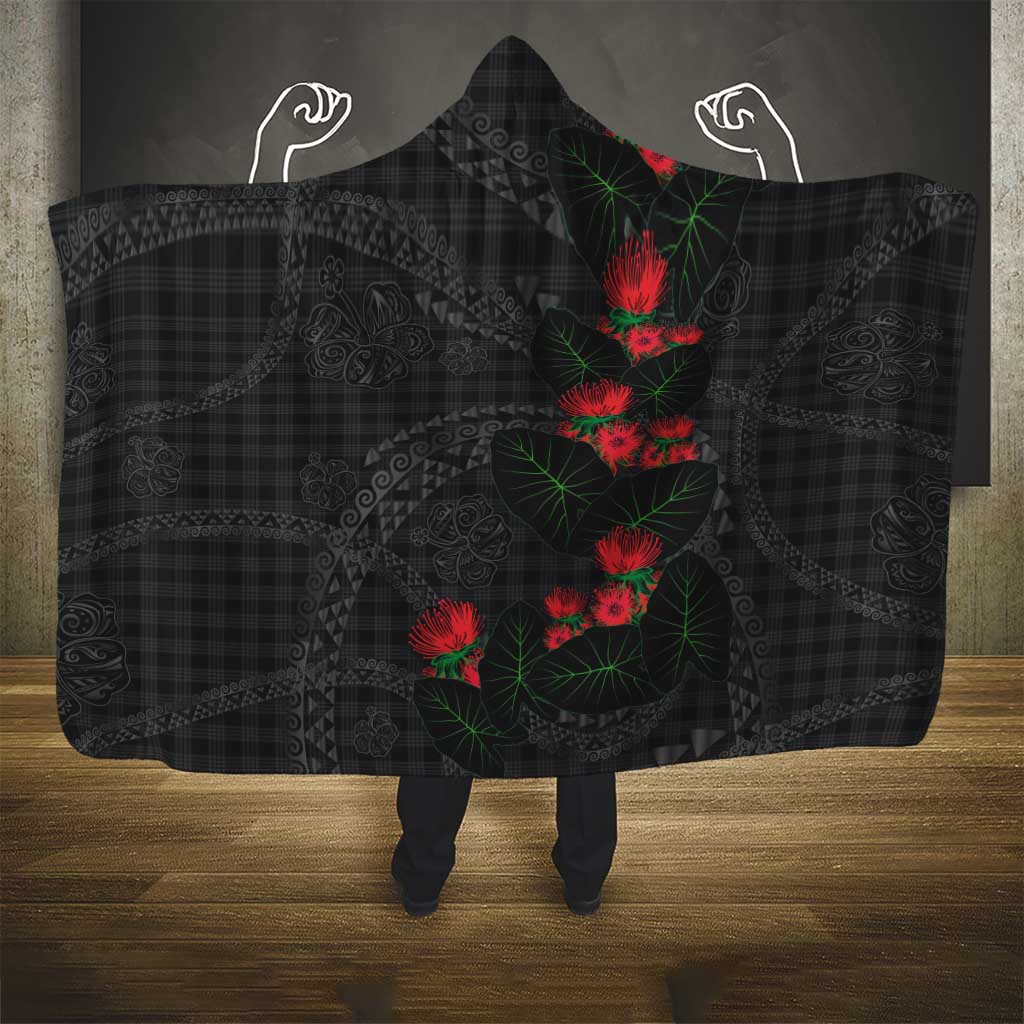 Hawaiian Kakau Art Hooded Blanket Taro Leaves with Ohia Lehua and Pakala Pattern - Polynesian Pride