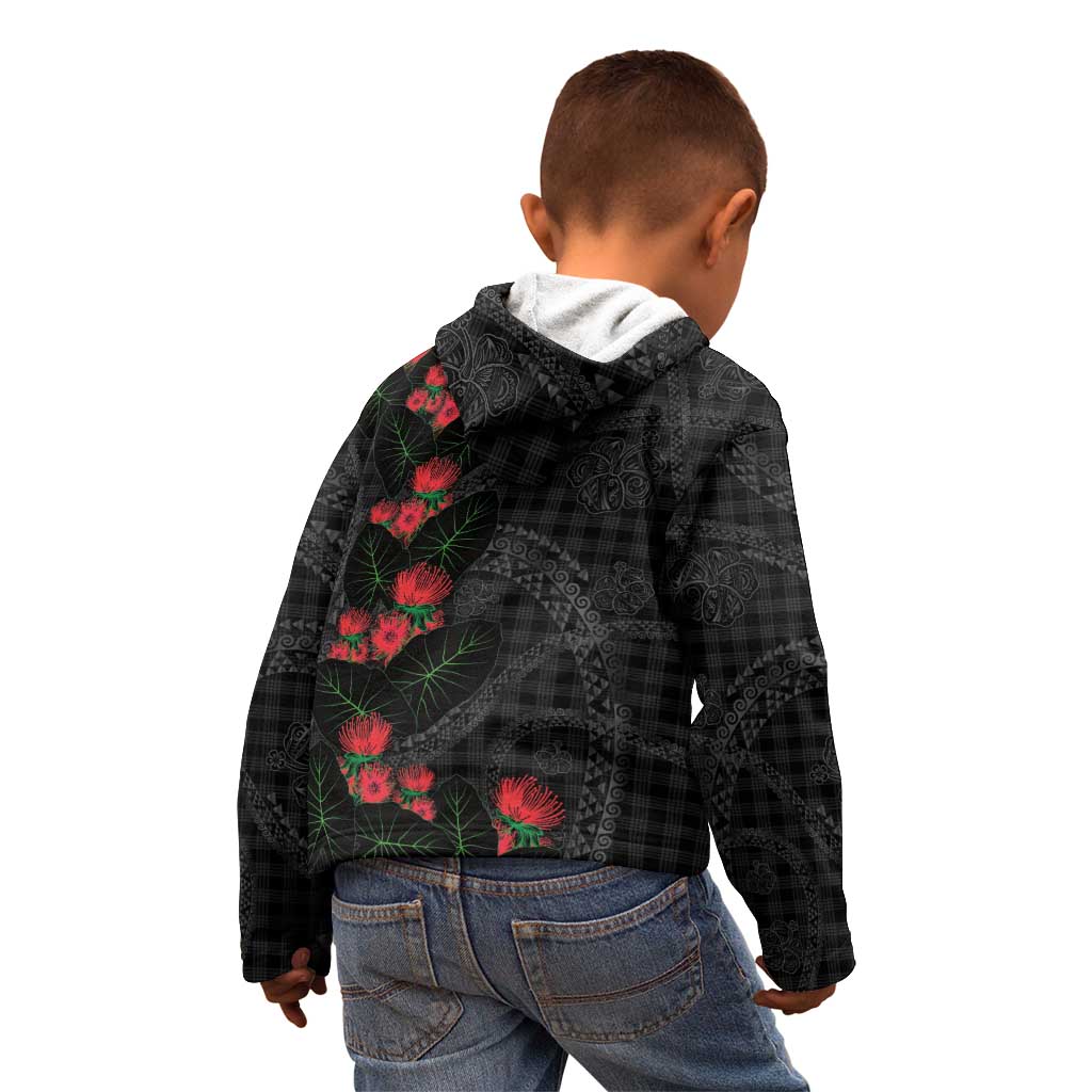 Hawaiian Kakau Art Kid Hoodie Taro Leaves with Ohia Lehua and Pakala Pattern - Polynesian Pride