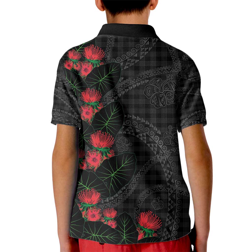Hawaiian Kakau Art Kid Polo Shirt Taro Leaves with Ohia Lehua and Pakala Pattern - Polynesian Pride