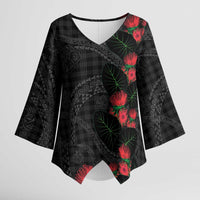 Hawaiian Kakau Art Kimono Sleeve Blouse Taro Leaves with Ohia Lehua and Pakala Pattern - Polynesian Pride