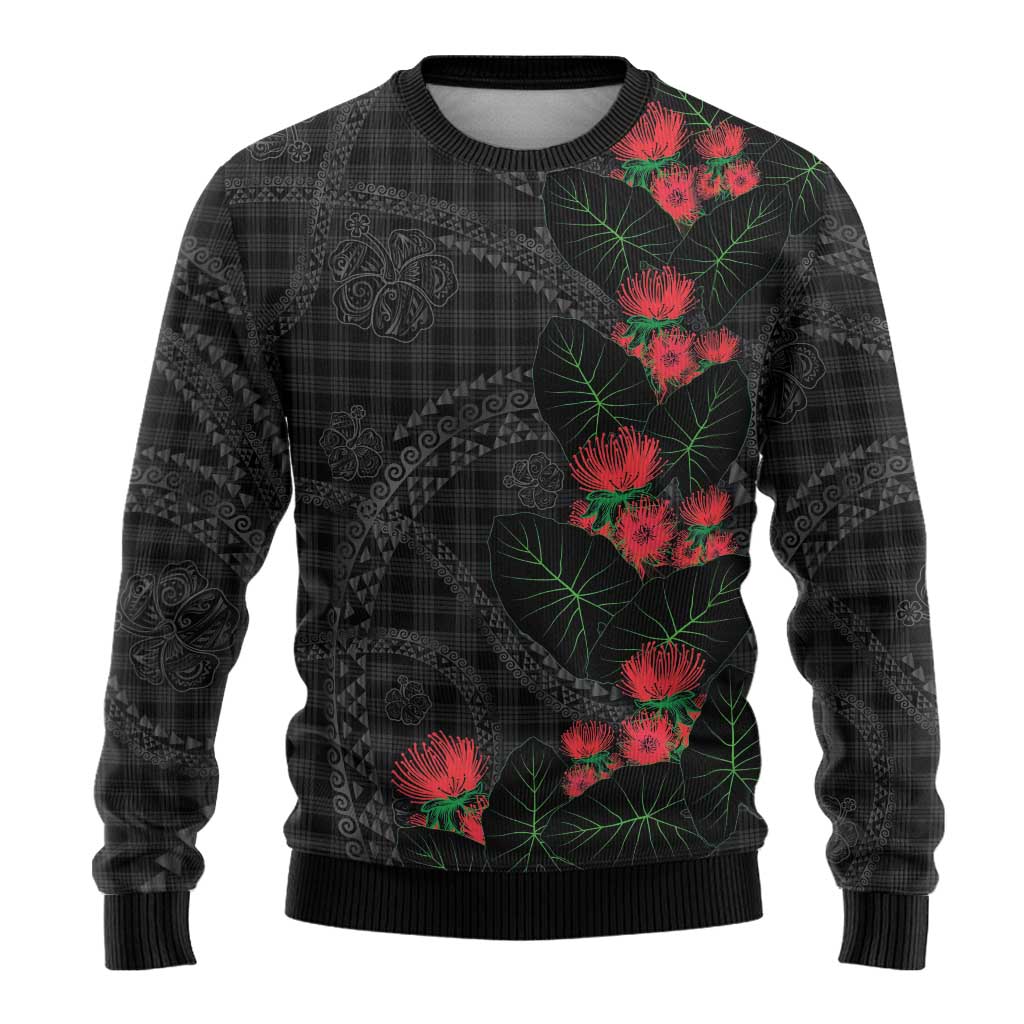 Hawaiian Kakau Art Ugly Christmas Sweater Taro Leaves with Ohia Lehua and Pakala Pattern - Polynesian Pride