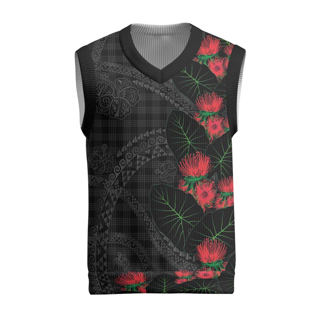 Hawaiian Kakau Art Christmas Knitted V-Neck Vest Taro Leaves with Ohia Lehua and Pakala Pattern - Polynesian Pride