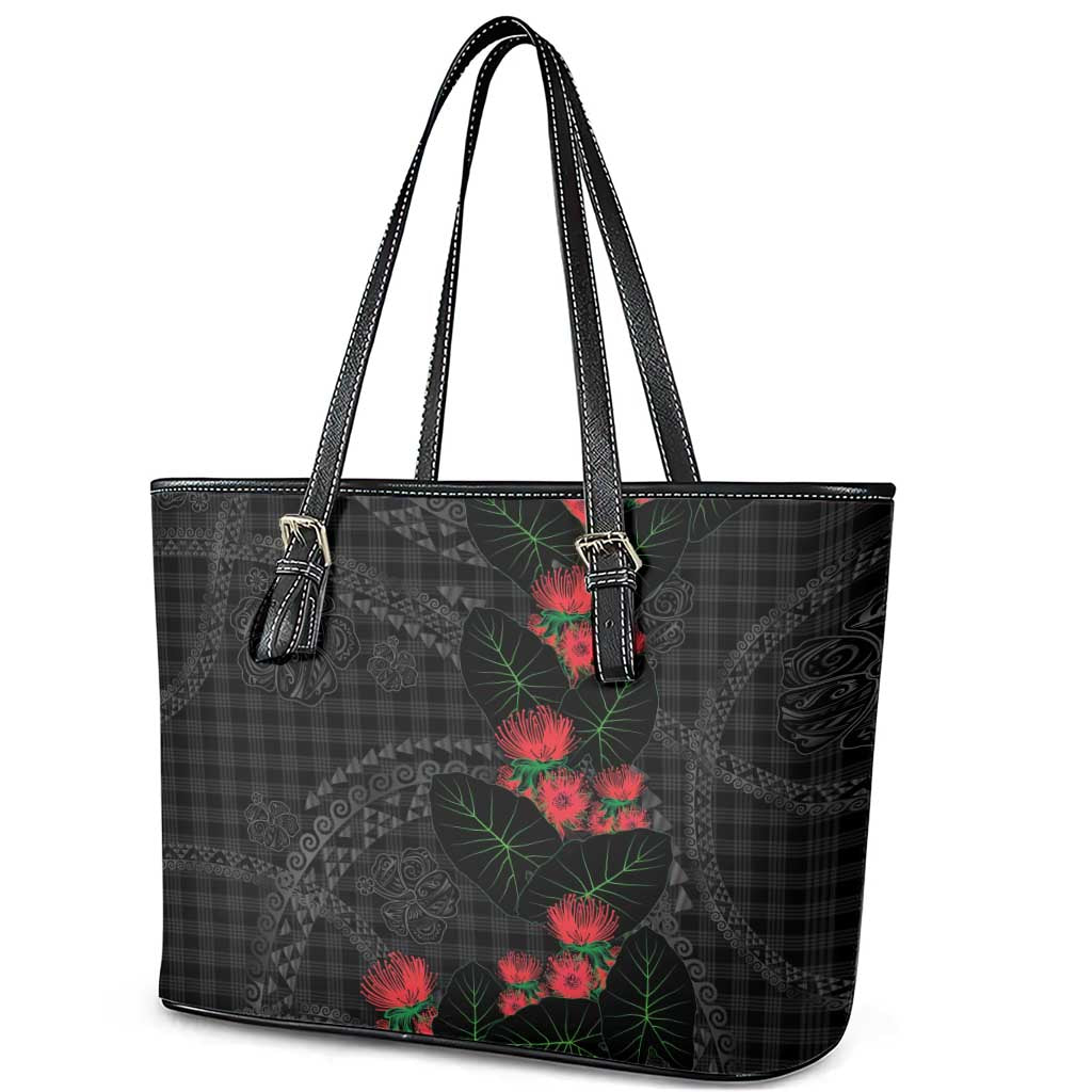 Hawaiian Kakau Art Leather Tote Bag Taro Leaves with Ohia Lehua and Pakala Pattern - Polynesian Pride