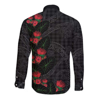 Hawaiian Kakau Art Long Sleeve Button Shirt Taro Leaves with Ohia Lehua and Pakala Pattern - Polynesian Pride