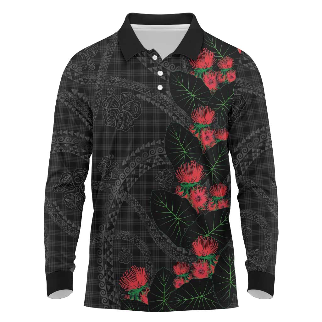 Hawaiian Kakau Art Long Sleeve Polo Shirt Taro Leaves with Ohia Lehua and Pakala Pattern - Polynesian Pride