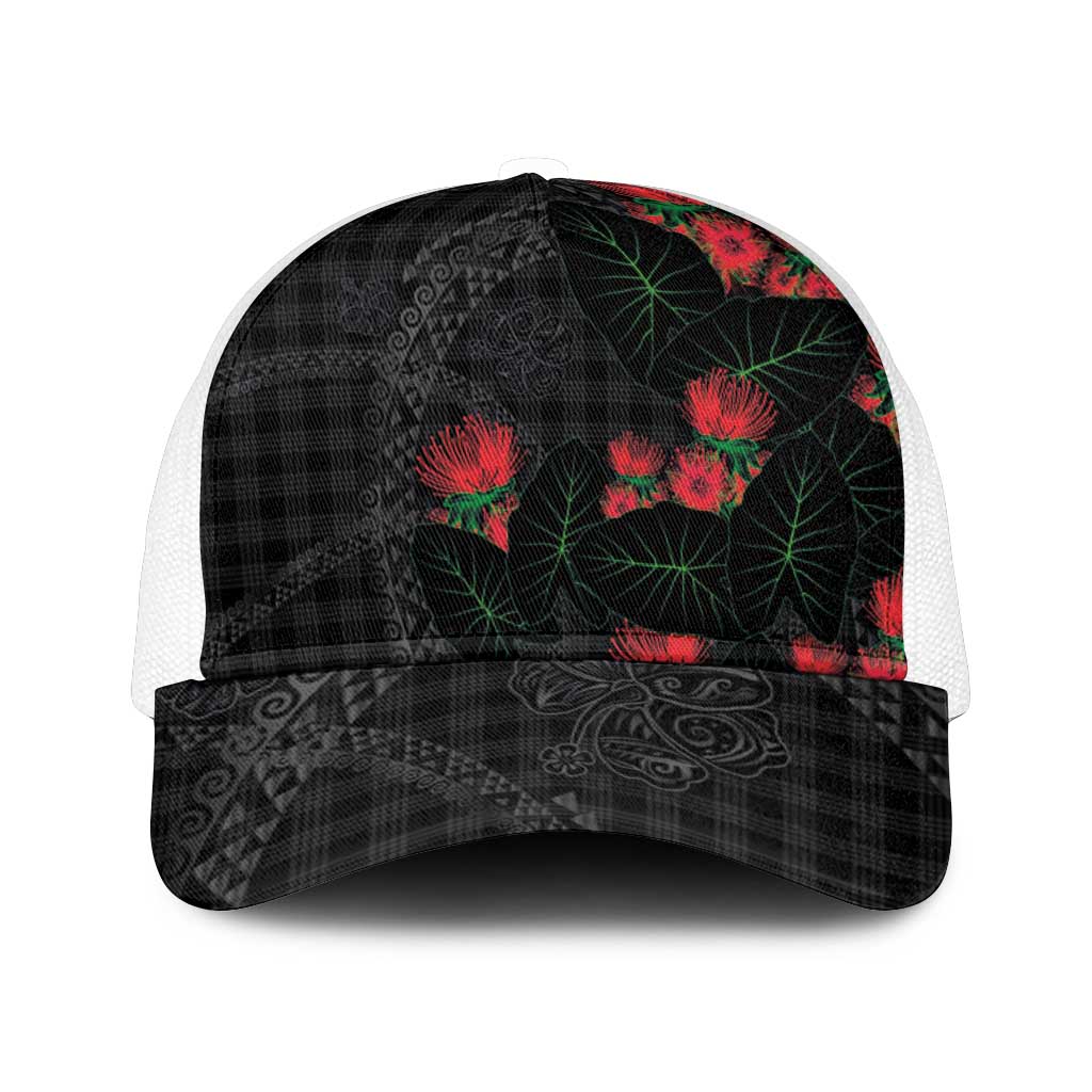 Hawaiian Kakau Art Mesh Trucker Cap Taro Leaves with Ohia Lehua and Pakala Pattern - Polynesian Pride