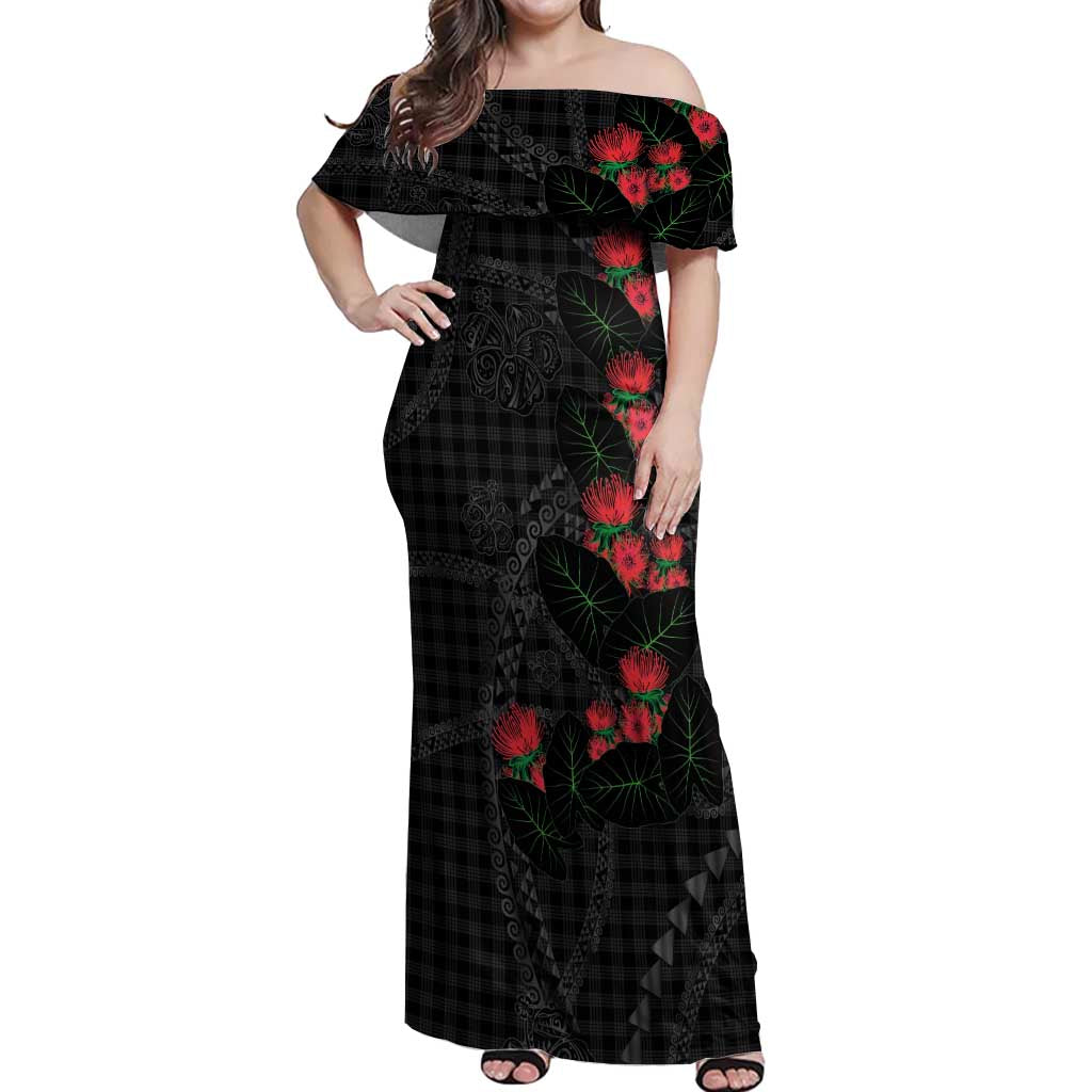 Hawaiian Kakau Art Off Shoulder Maxi Dress Taro Leaves with Ohia Lehua and Pakala Pattern - Polynesian Pride