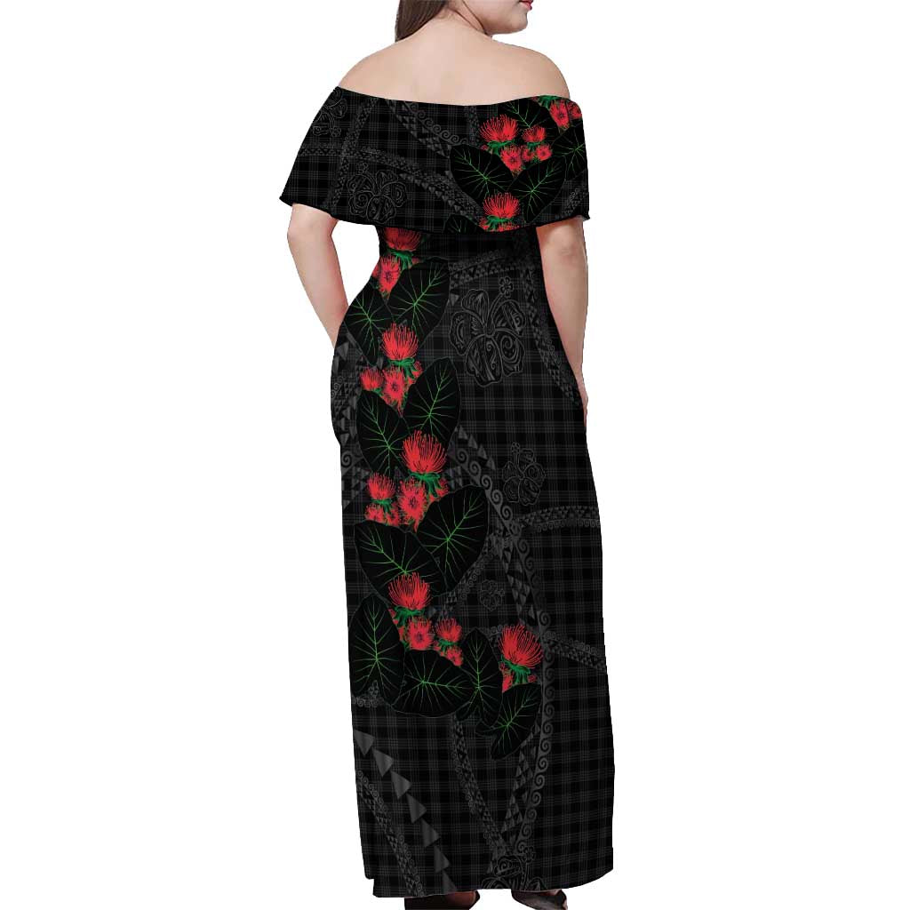 Hawaiian Kakau Art Off Shoulder Maxi Dress Taro Leaves with Ohia Lehua and Pakala Pattern - Polynesian Pride
