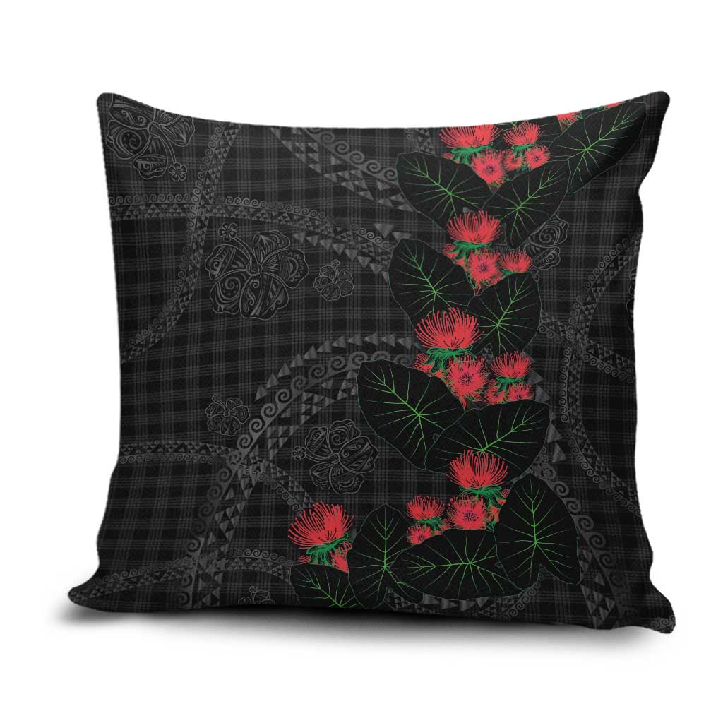 Hawaiian Kakau Art Pillow Cover Taro Leaves with Ohia Lehua and Pakala Pattern LT03 Black - Polynesian Pride