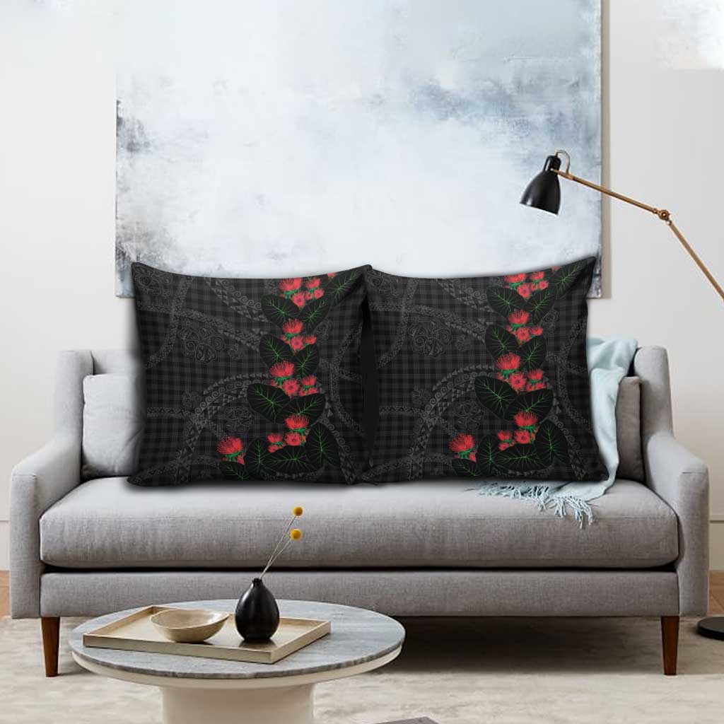 Hawaiian Kakau Art Pillow Cover Taro Leaves with Ohia Lehua and Pakala Pattern LT03 - Polynesian Pride